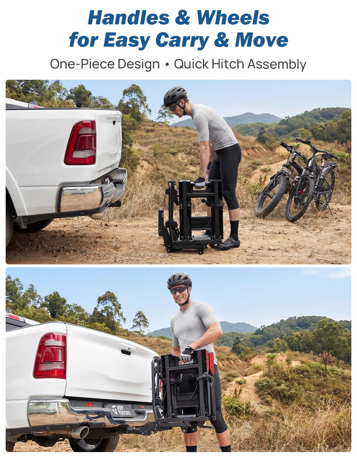 JOYTUTUS Hitch EBike Rack with Ramp for 2 E-Bikes, 200 LBS Capacity Electric Bike Rack for Cars SUVs Trucks, Easy Tilting Foldable Bike Carrier Platform Mount for 2" Receiver, Fits up to 5" Fat Tire