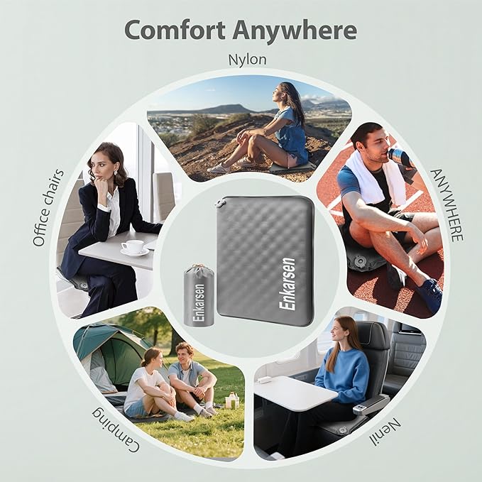 Inflatable Seat Cushion, Self-Inflating Memory Foam Airplane Seat Cushion Portable Camping Sitting Pad for Travel Stadium Car Bleachers Outdoors Office,Lightweight,Supports Back Comfort (Grey)