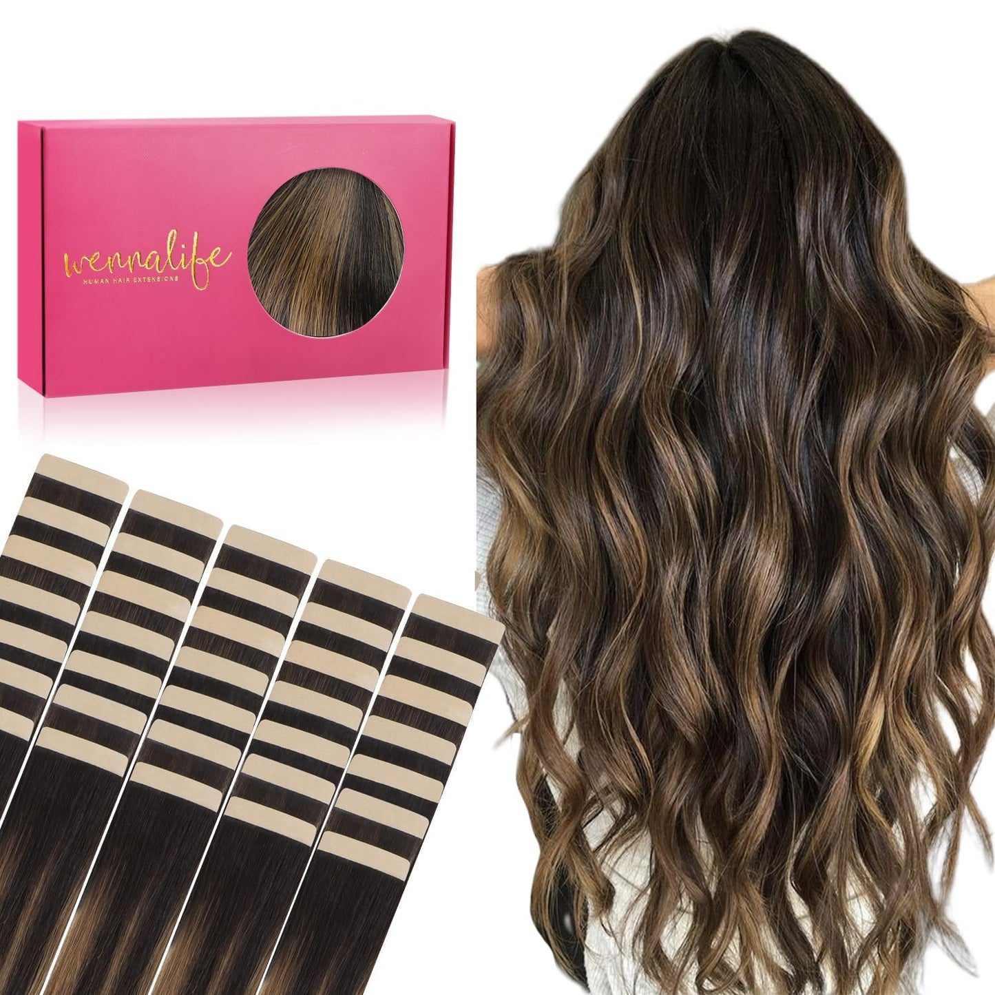 WENNALIFE Tape in Hair Extensions Human Hair, 40pcs 120g 26 inch Balayage Natural Black to Chestnut Brown Hair Extensions Real H