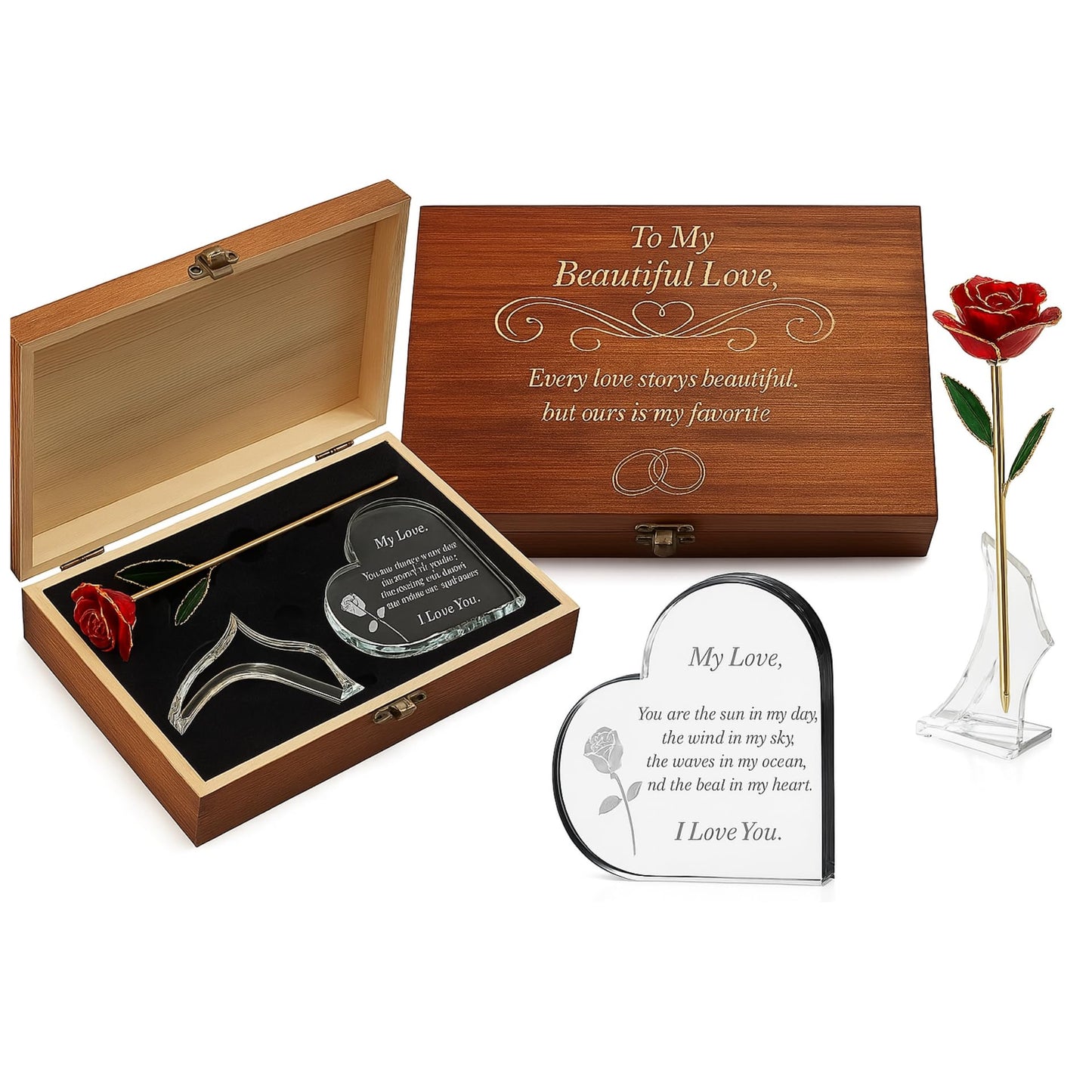 Gift for Anniversary to Wife, Her – Engraved Wooden Set 'To My Love' with Crystal Engraved Heart & 24K Gold Dipped Rose – Romantic Birthday Gifts for Women, Girlfriend, Unique Love Gift Idea