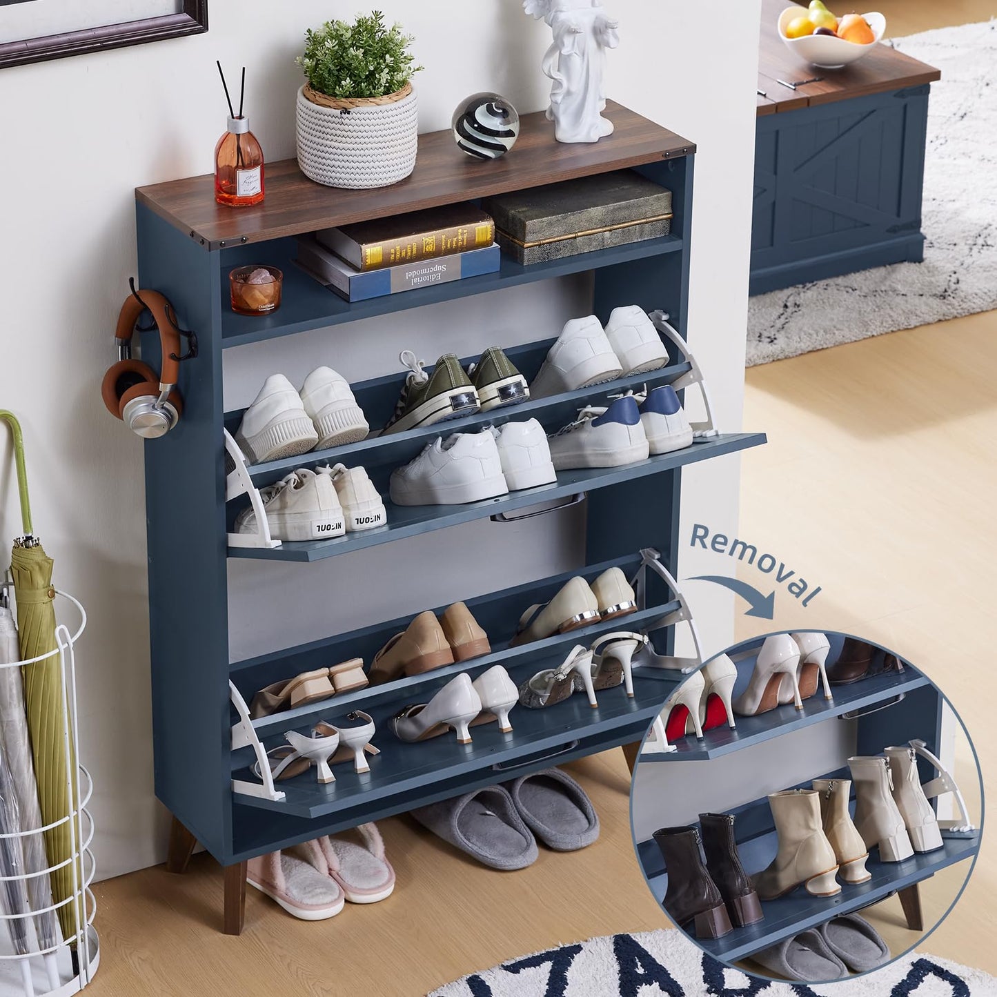 Joaxswe Shoe Storage Cabinet with 2 Flip Drawers, Farmhouse Shoe Organizer for Entryways, Narrow Hidden Rack & Open Storage, Free Standing Closet for Foyers, Hallways, Navy Blue