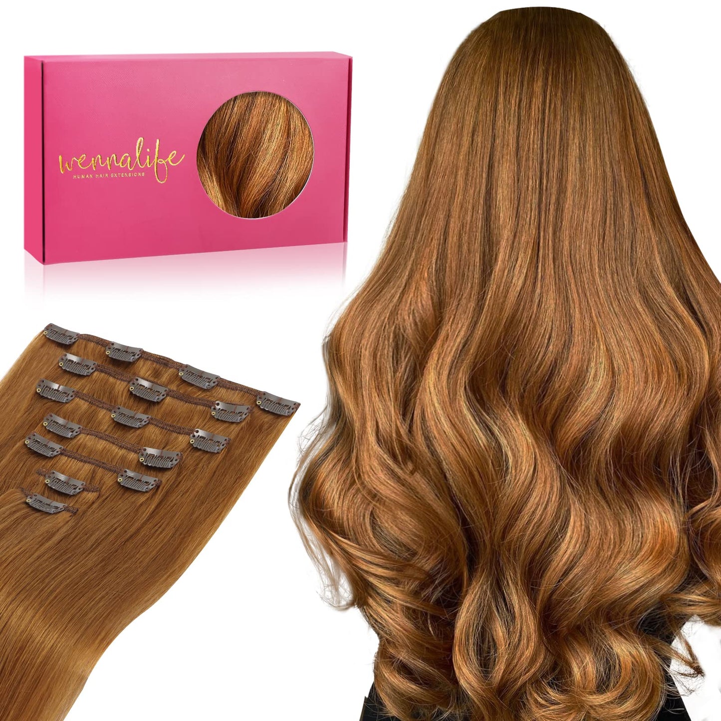WENNALIFE Clip in Hair Extensions Real Human Hair, 14 Inch 120g 7pcs Clip in Hair Extensions Real Human Hair, Auburn Ginger Huma