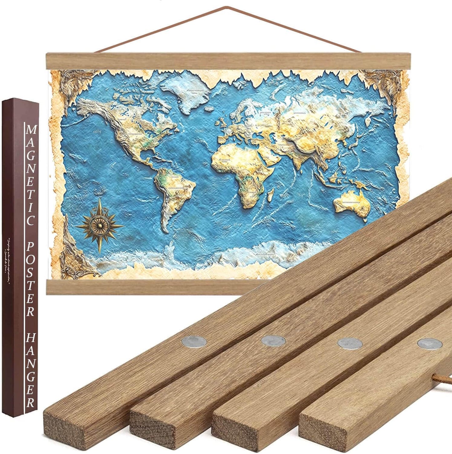 DACRI HOME 46" Magnetic Poster Hanger Frame - Sturdy Teak Wood Poster Frame, Strong Magnets for Easy Hanging Map Picture Canvas Print Scroll Wall Art (46 Inch, Natural Wood)