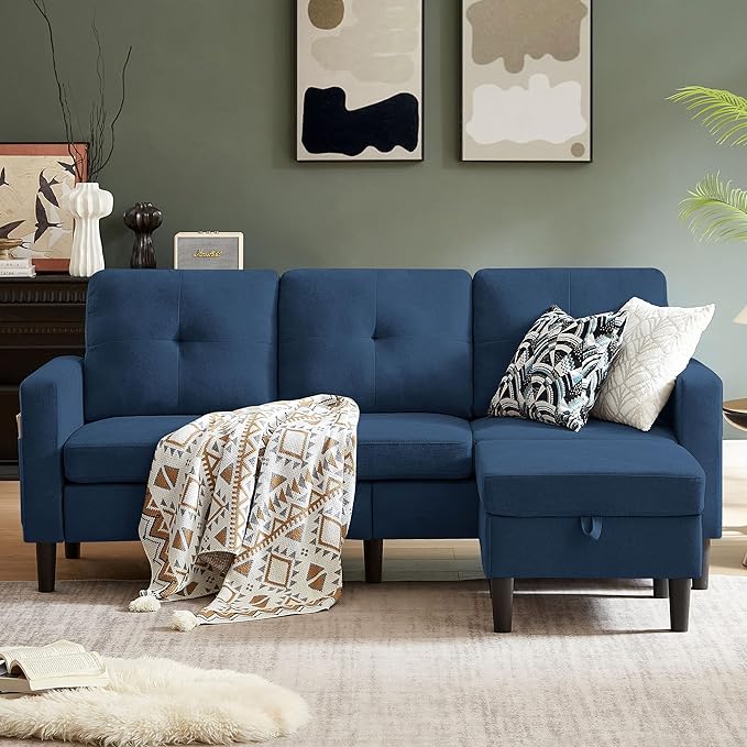 Pingliang Home 80" Convertible Sectional Sofa Couch with Movable Ottoman, 3 Seats Sectional Sofas L Shaped Couch for Small Spaces, Soft Fabric Couch for Living Room (Blue)