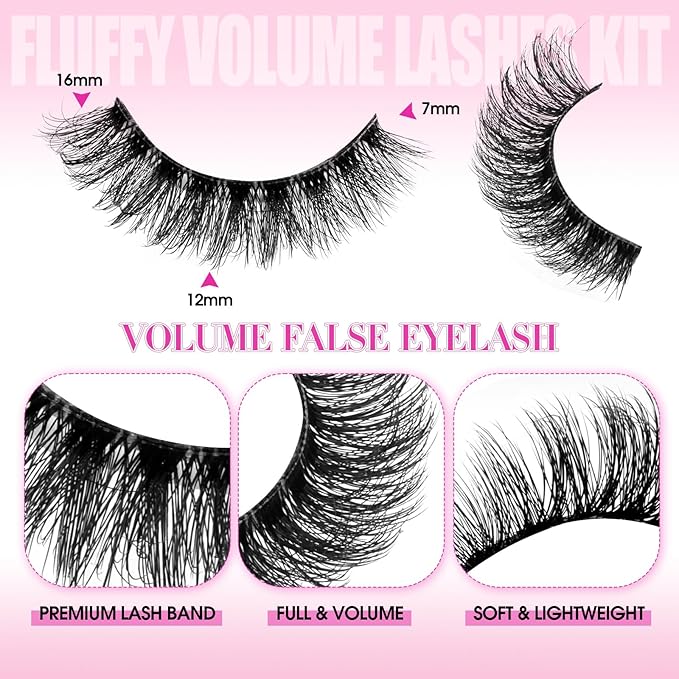 FADLASH False Eyelashes Kit 10 Pairs Cat Eye Lashes Mink Lashes Wispy with Lash Bond and Seal and Tweezer Fake Eyelashes Natural Look Handmade Eyelashes Fake Lashes Strips (LZ-201 Kit)