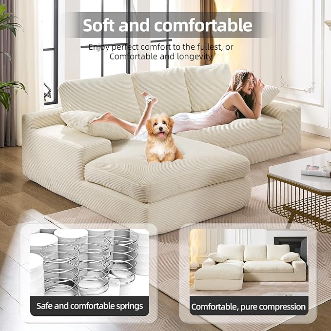 98.4" Cloud Modular Sectional Couch with Chaise,L-Shaped Modern Upholstered Sofa with Deep Seat,Corduroy Sectional Couches for Living Room and Bedroom,No Assembly Required(Beige)
