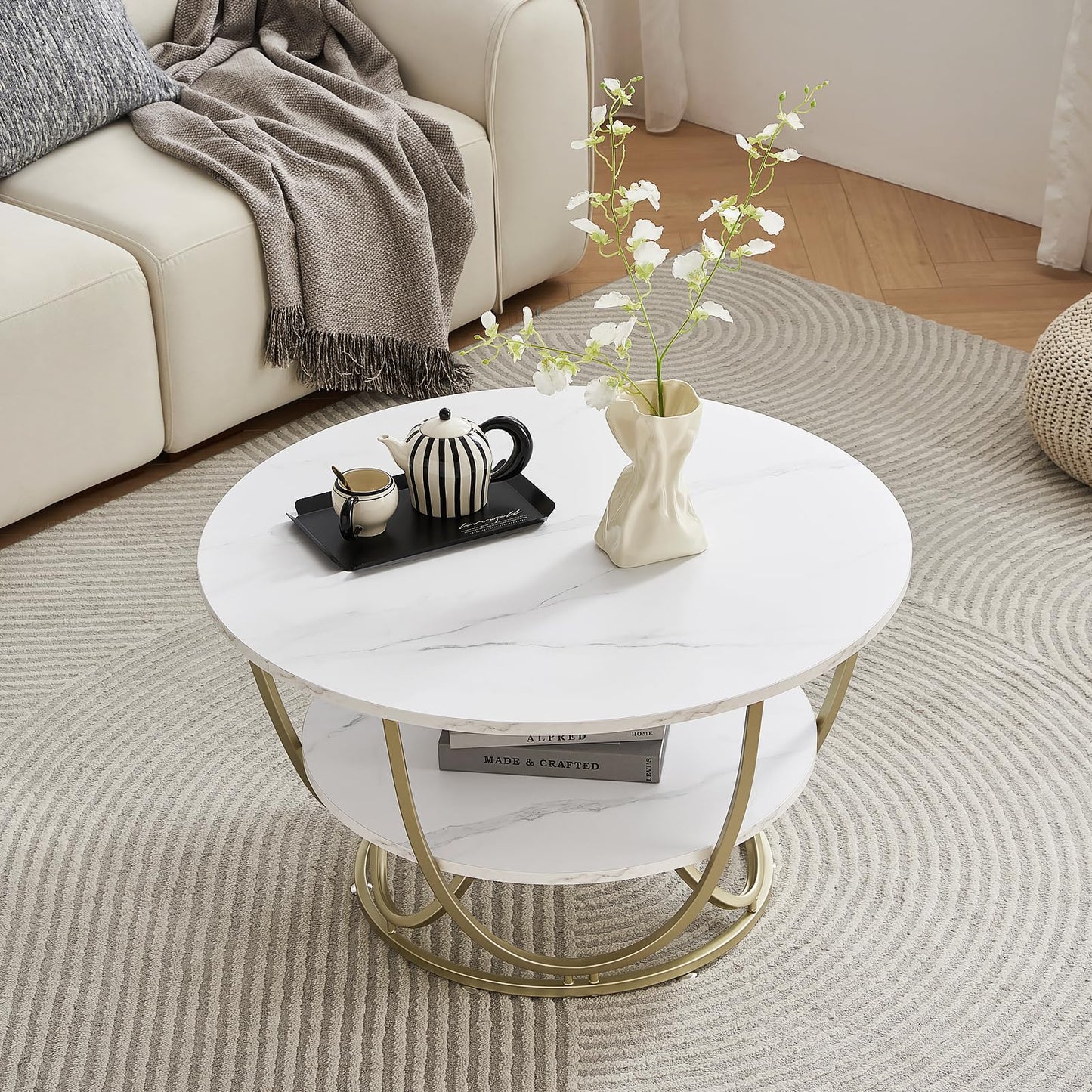 Elephance Round Coffee Table with Storage, 30 Inch Modern Coffee Table for Living Room,Wooden Tabletop-Marble White Print with Gold Frame