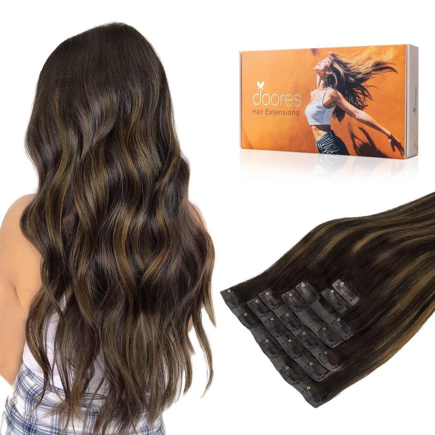 DOORES Clip in extensions - Real Human Hair with Invisible Edge, Dark Brown to Chestnut Brown 22 Inch 150g 7pcs, Straight Natura