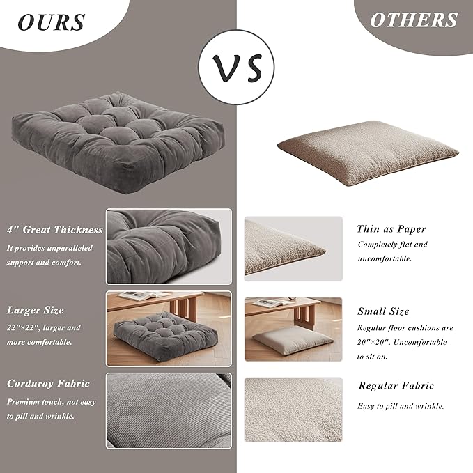FlyGulls Meditation Floor Pillow 22×22 Inch 1 Pack Large Floor Cushions for Adults Square Tufted Corduroy Floor Pillows for Yoga Living Tatami Room Grey