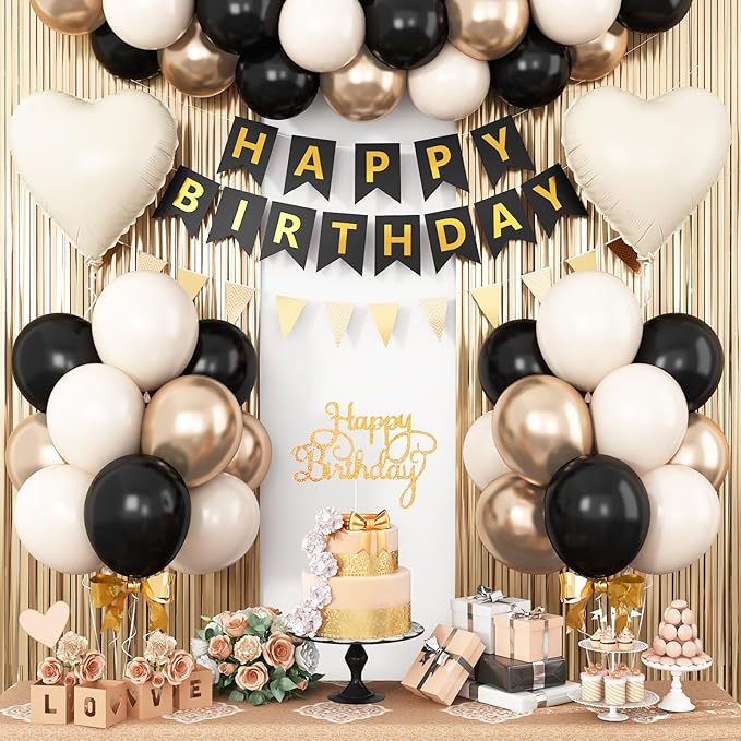 Black Gold Birthday Decorations,Party Decorations with Sand White Champagne Gold Balloon Heart Balloons Happy Birthday Ban...