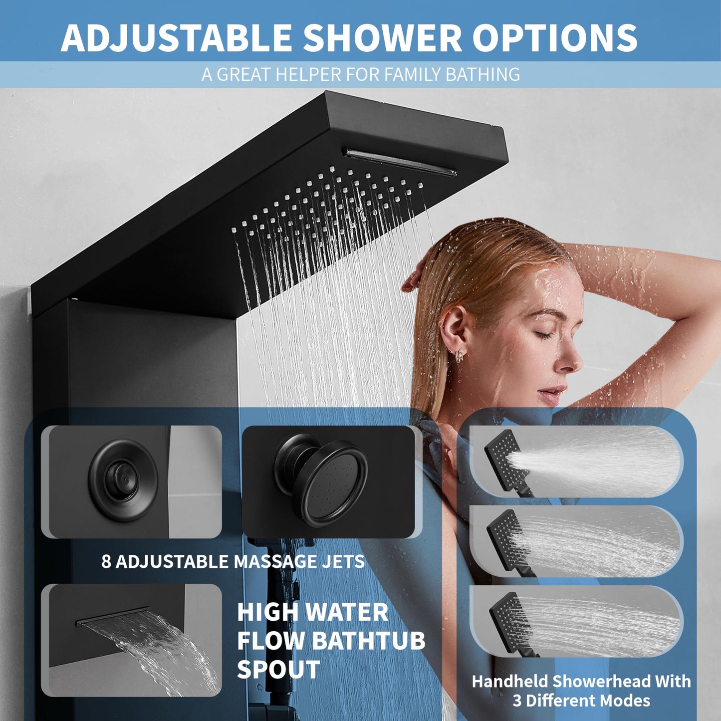 Greenspring Shower Panel Tower System, Stainless Steel Multi-Function Shower Panel, Shower Tower with 5 Body Jets Handheld Shower Wand Tub Spout and Rainfall Head Temperature Display, Black