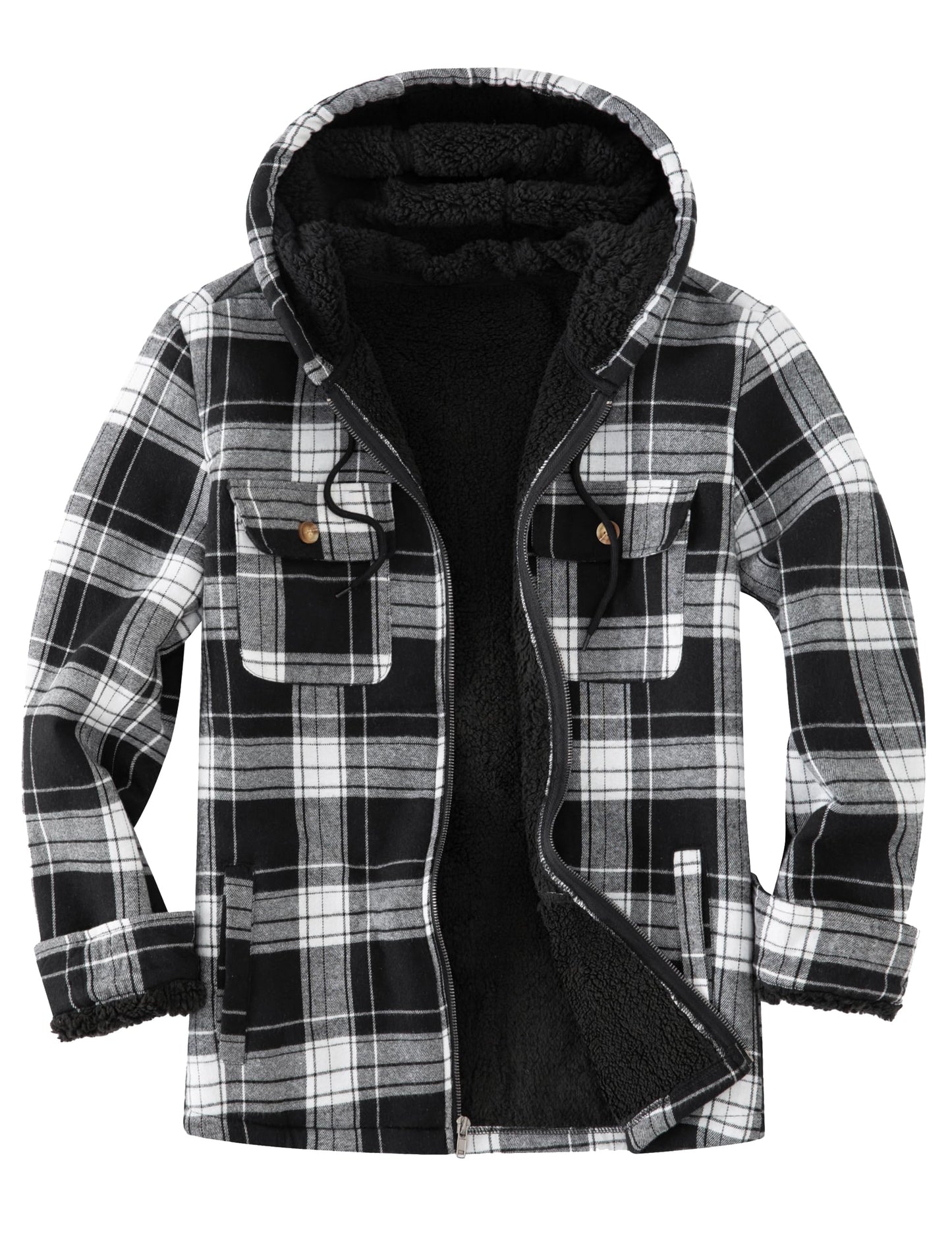 Ephemoca Men's Fleece Flannel Jacket Zip Up Plaid Cotton Hoodie Sherpa Lined Shirt Jacket Winter Warm Coats with Hood Black Large