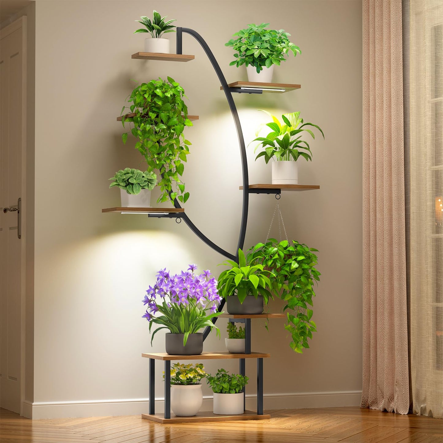 Zekoled Plant Stand Indoor with Grow Lights, Multi-layer Tall Metal Plants Shelf, Corner Plant Stand Indoor with Cable Ties & Safe Straps for Living Room, Patio (Swan Neck)