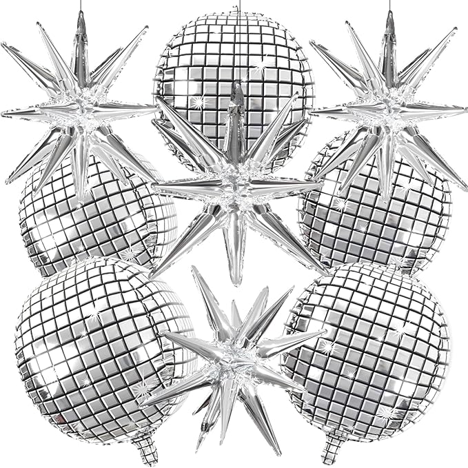 OuMuaMua Disco Ball Balloons for 70s Disco Party Decor, 22 Inch Large 4D Metallic Silver Disco Balloons with Stars Balloon...