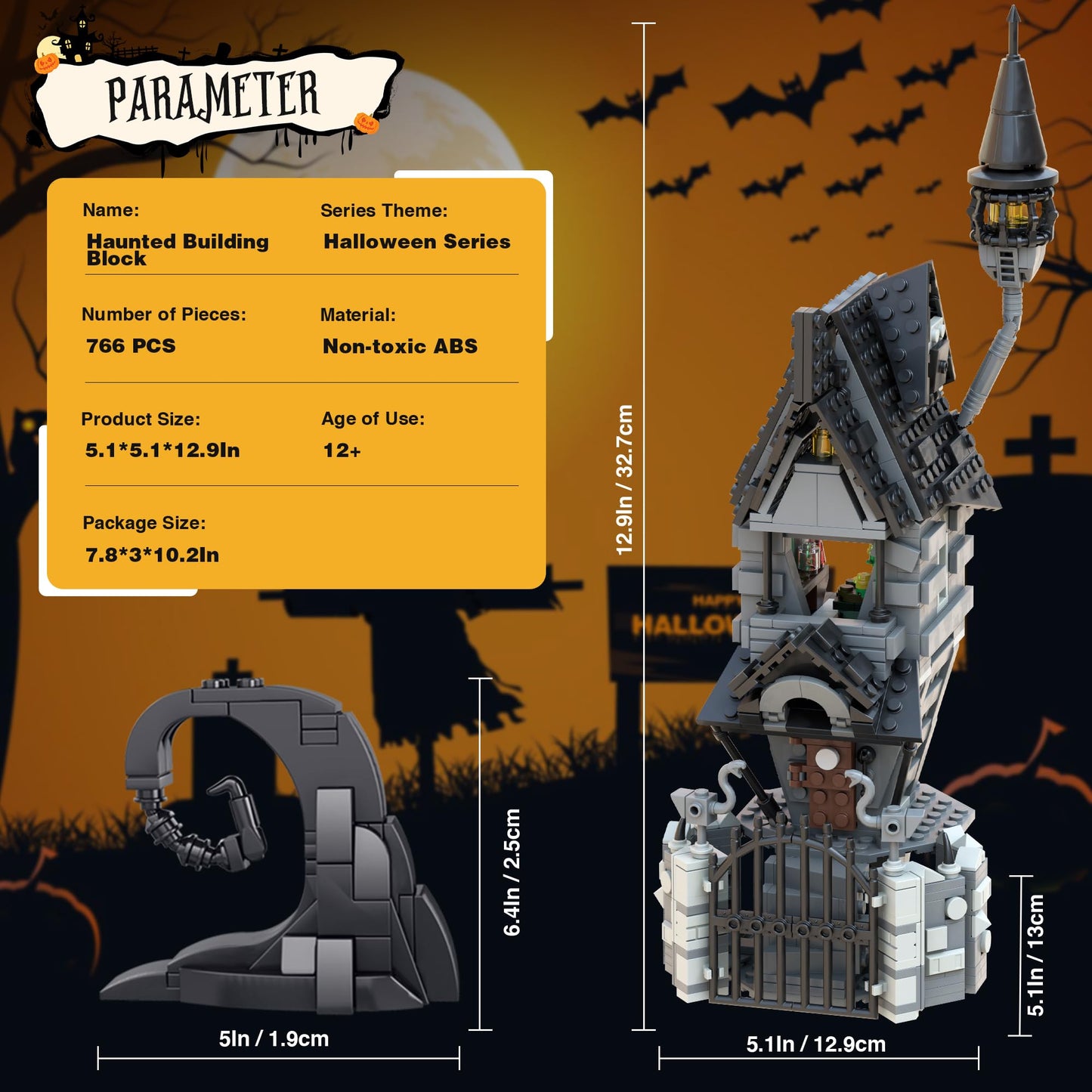 Usoway Haunted Village House Building Blocks Set, Halloween Christmas Haunted Building Kit with Led Light, 2 Minifigures, Creative Festival Toy Kit Gifts for Kids or Movie Fans (766pcs)