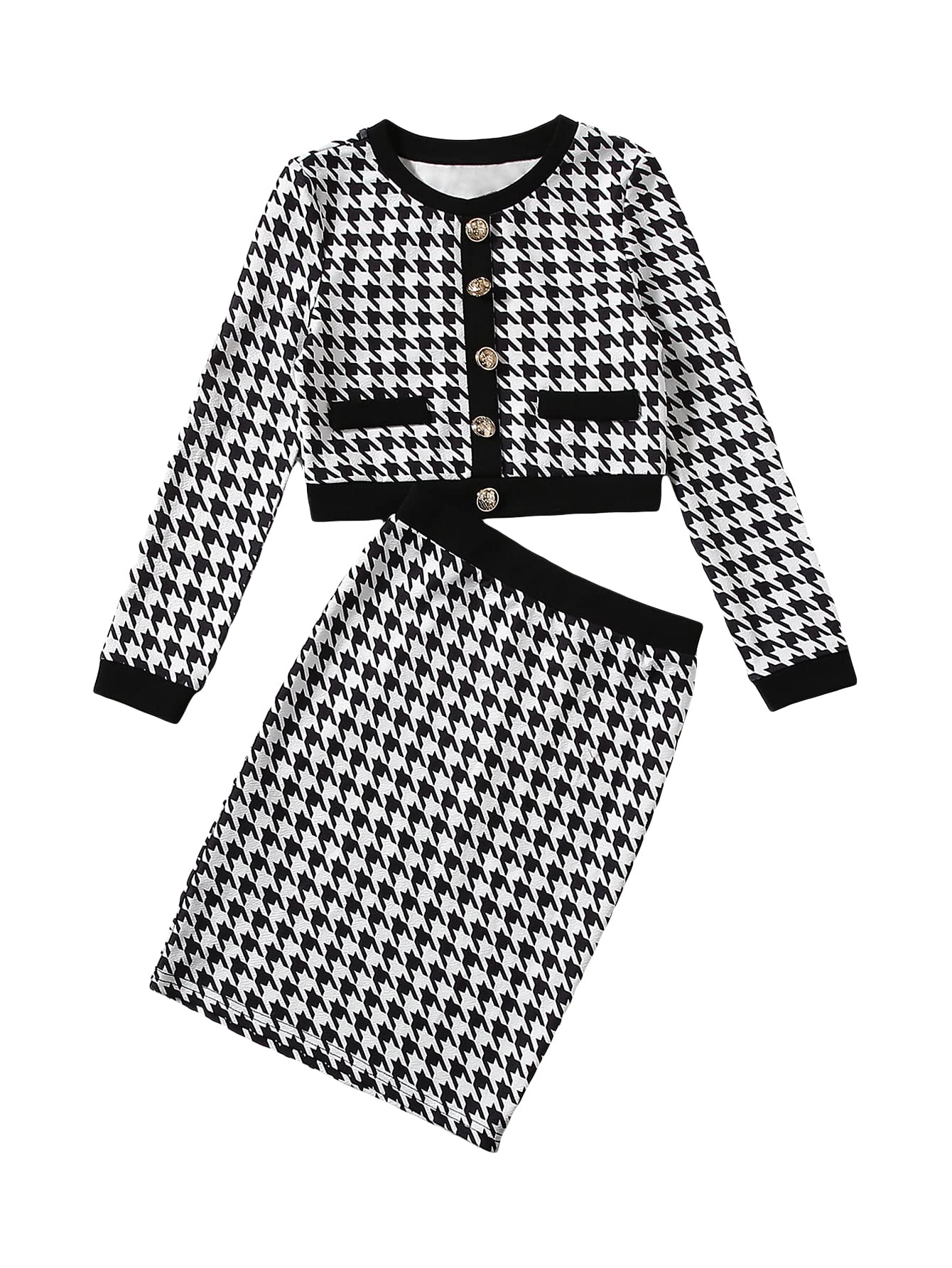 Milumia Girl's Two Piece Outfits Houndstooth Button Decor Crop Blazer Jacket and Skirt Sets Black and White 9 Years