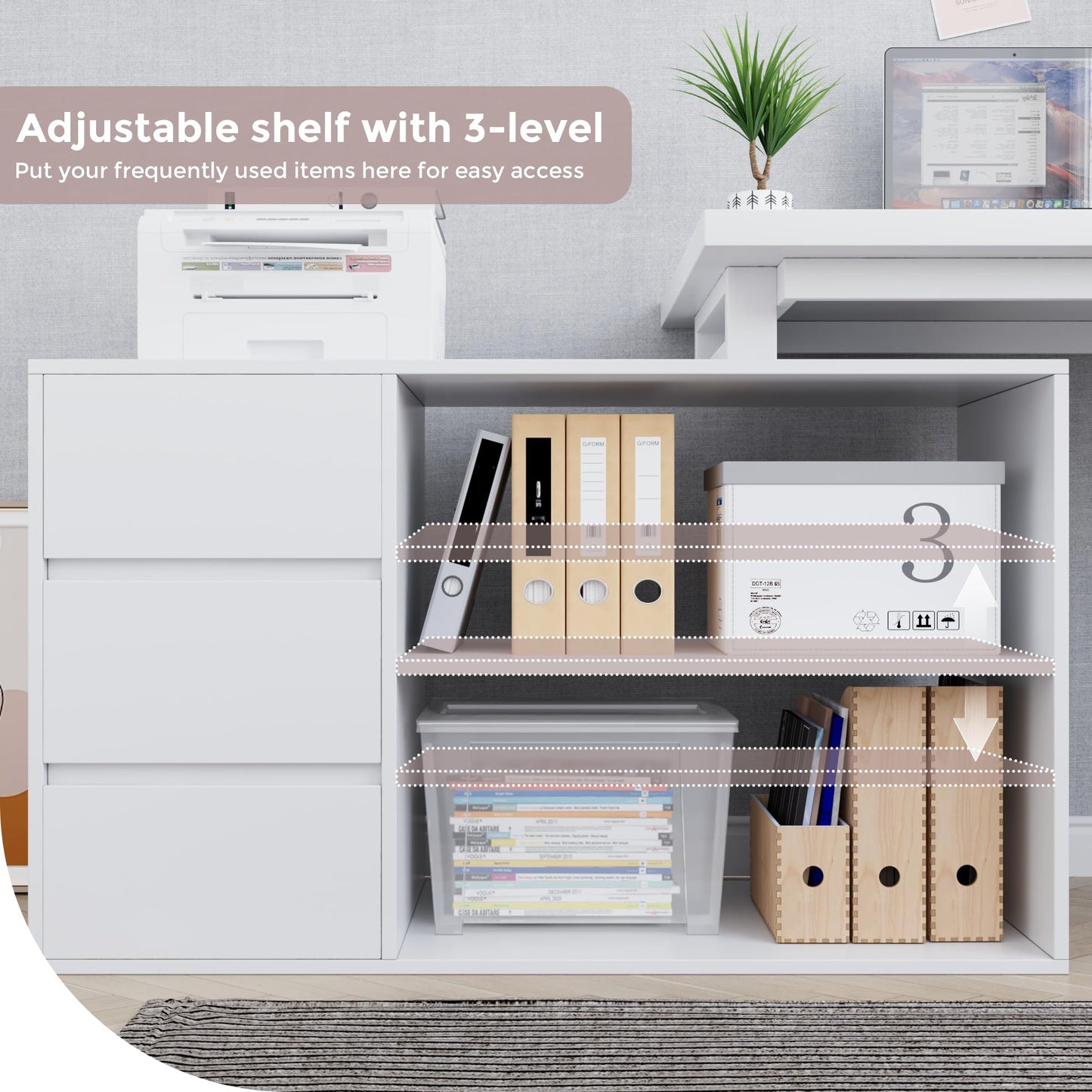 Jiaoun Home Office Computer Desk Corner Desk with 3 Drawers and 2 Shelves, 53-inch L-Shaped Study Desk with Storage, White
