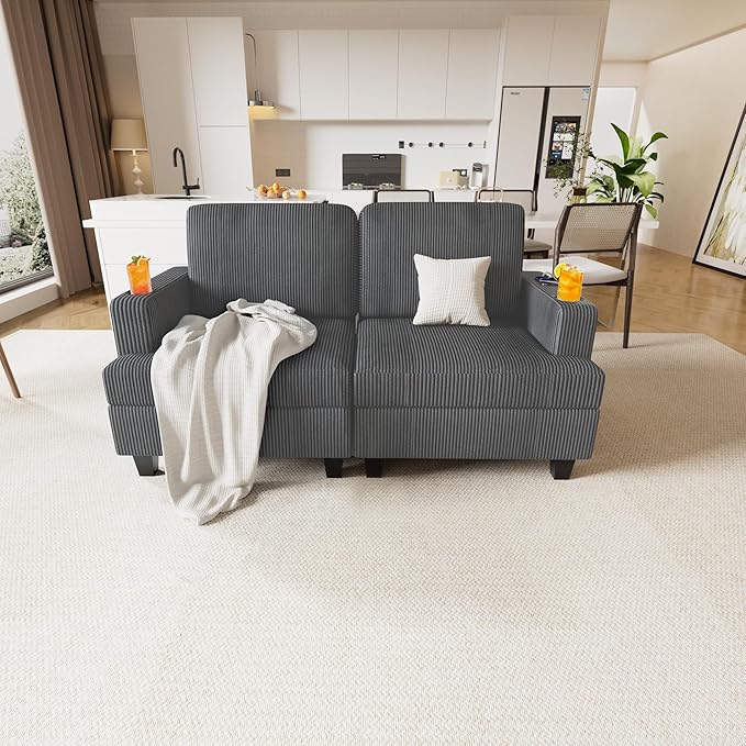 63" Modular Sectional Sleeper Sofa, Soft Durable Corduroy Loveseat with Armrest, 2 Cup Holders & 2 USB Ports, 21" Deep Seat Cloud Couch for Small Spaces Living Room Bedroom Office (Grey, 2 Seat)