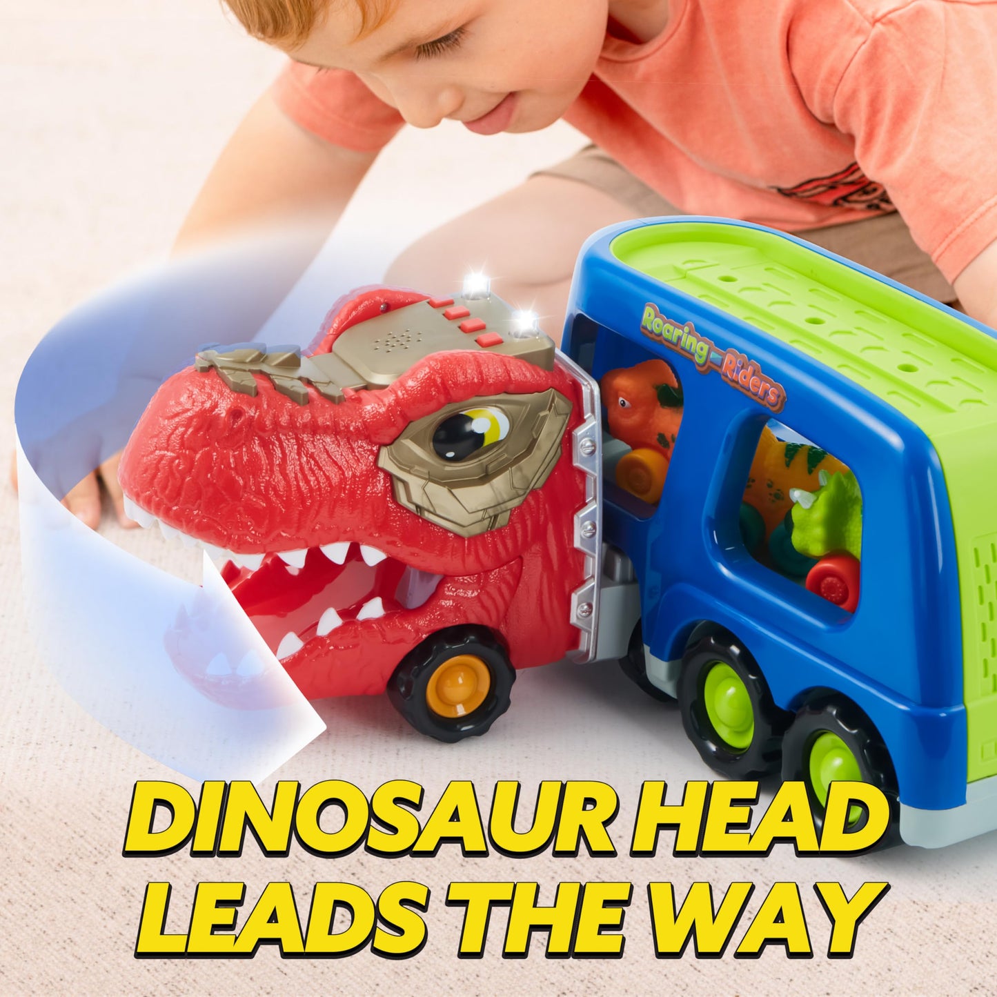 JOYIN Dinosaur Truck Toys for Kids, Kids Toys Boys Age 3 4 5, Dinosaur Car Carrier Truck Toy with 6 Figures Rubber Car Vehicles, Toddler Birthday Gifts with Music & Lights
