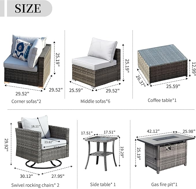 HOOOWOOO 13 Piece Patio Sectional Furniture Set with Fire Pit Table,Modern Wicker Outdoor Conversation Sofa Sets,All Weather Modular L Shaped Outside Couch Swivel Chair Set(Light Grey)