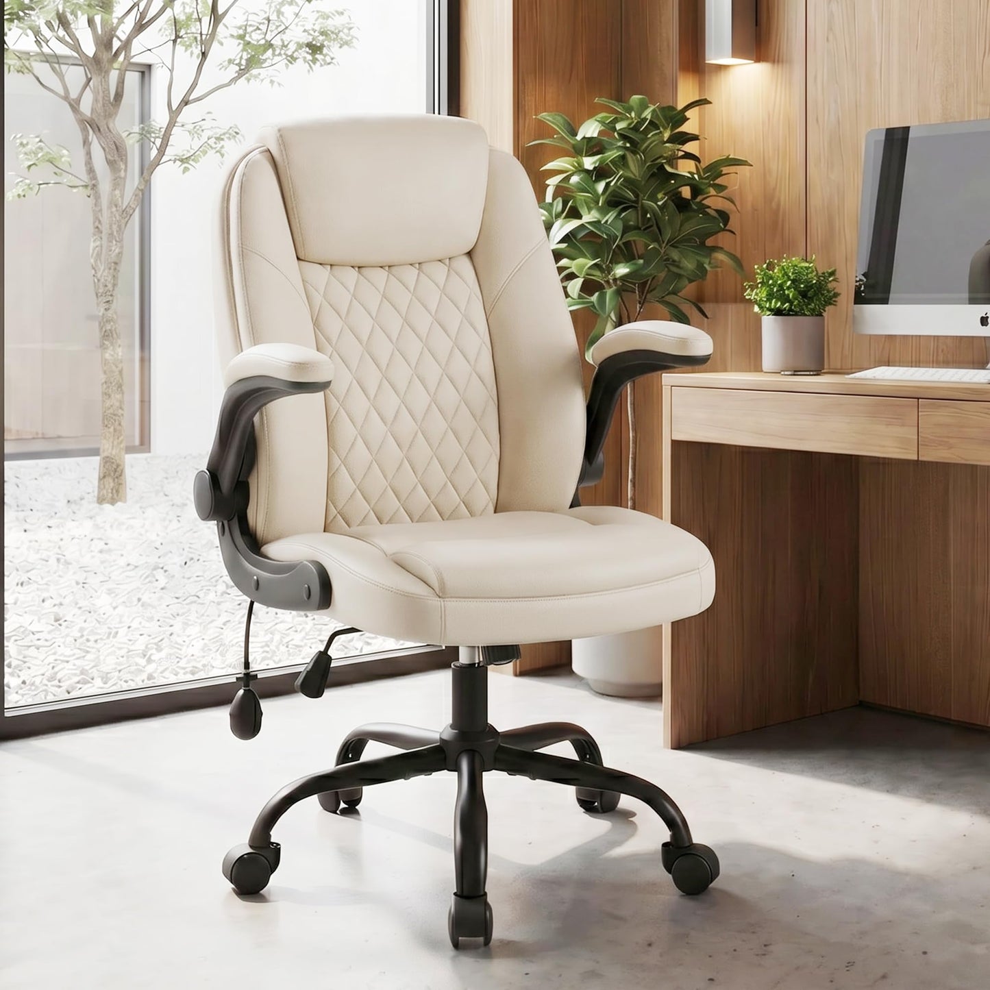 MALOL Leather Office Chair, Computer Desk Chair with Adjustable Lumbar Support, Thick Cushion, Flip-Up Arms and Ergonomic Back, Comfy Executive Office Chair for Home Office Gaming,Beige