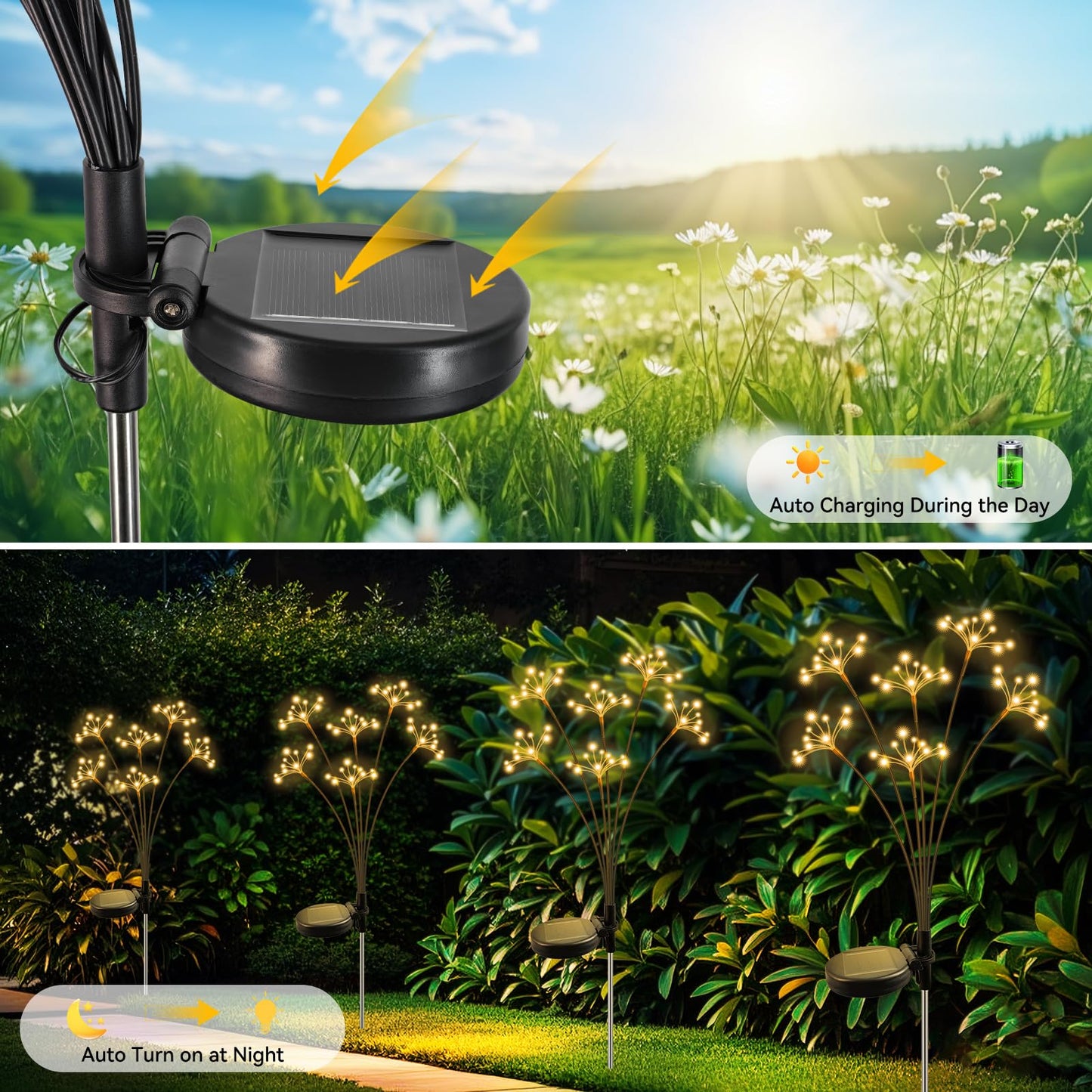 Solar Garden Lights 6 Pack Waterproof Solar Swaying Starburst Light Outdoor Lights for Yard Patio Walkway Pathway Party Wedding Christmas Decorative, Warm White