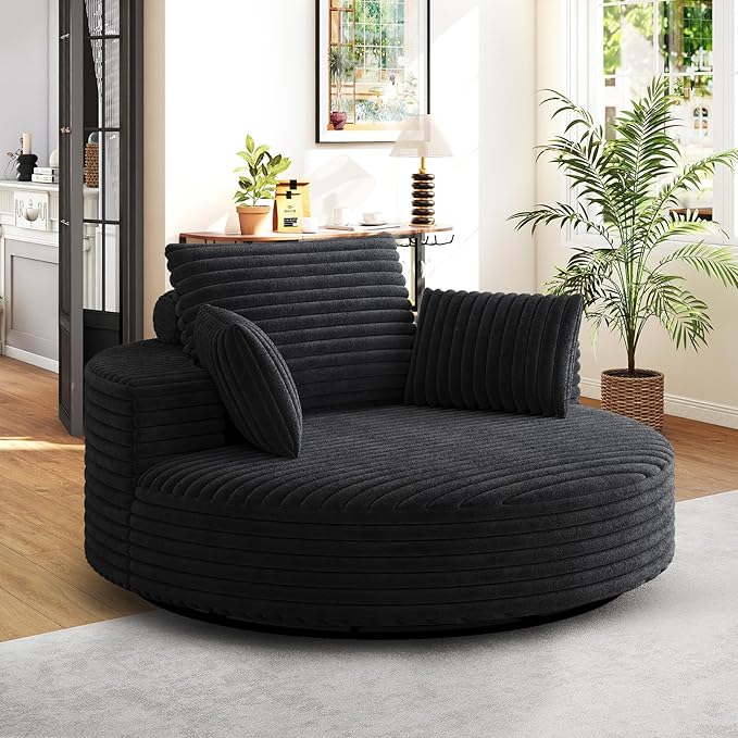 360-Degree Oversized Swivel Chair, Modern Round Circle Corduroy Comfy Deep Seat Swivel Accent Chaise Lounge Sofa Chair with Back Cushion & 2 Throw Pillows for Living Room Bedroom Office, Black