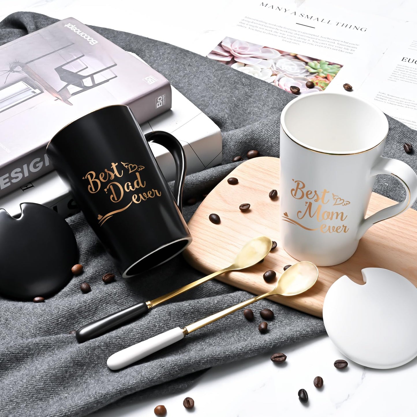 YHRJWN Mom and Dad Gifts, Best Dad and Mom Mug, Christmas Birthday Gifts for Parents from Daughter Son New Parent Couple Gift Set, Christmas 14 Oz Coffee Mug with Gift Box Coaster Spoon