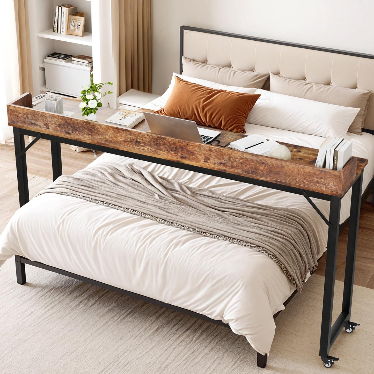 Clevich Overbed Table with Wheels, Queen Full Size Mobile Computer Desk, Standing Laptop Cart, Over Bed Table with Heavy Duty Metal Leg, for Bedroom 16" D x 71" W x 41" H (Brown)