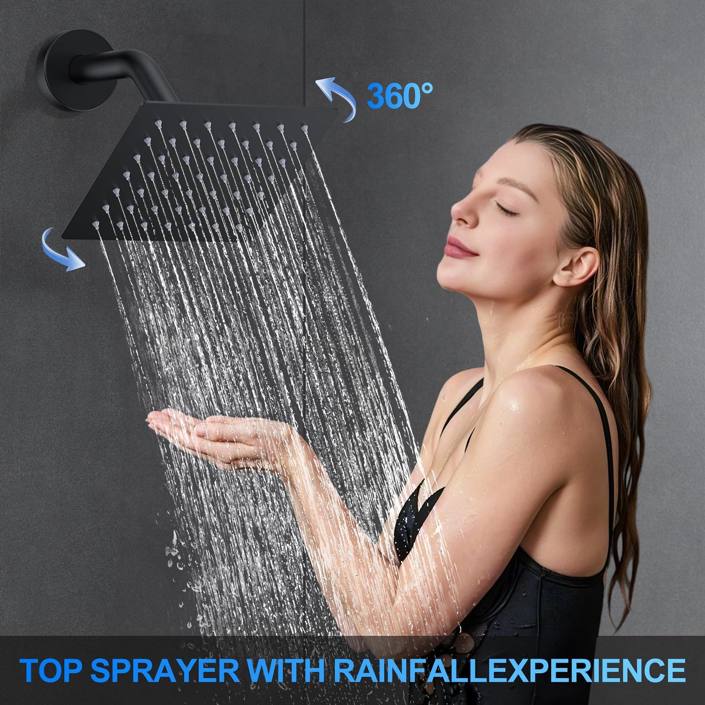 Shower Faucet Set, 12" Ceiling Mount Rainfall Shower System with 12'' Top Head+6'' Side Head and Multi-function Handheld Head Push Button Diverter Shower Faucet Trim Kit (12", Matte Black)
