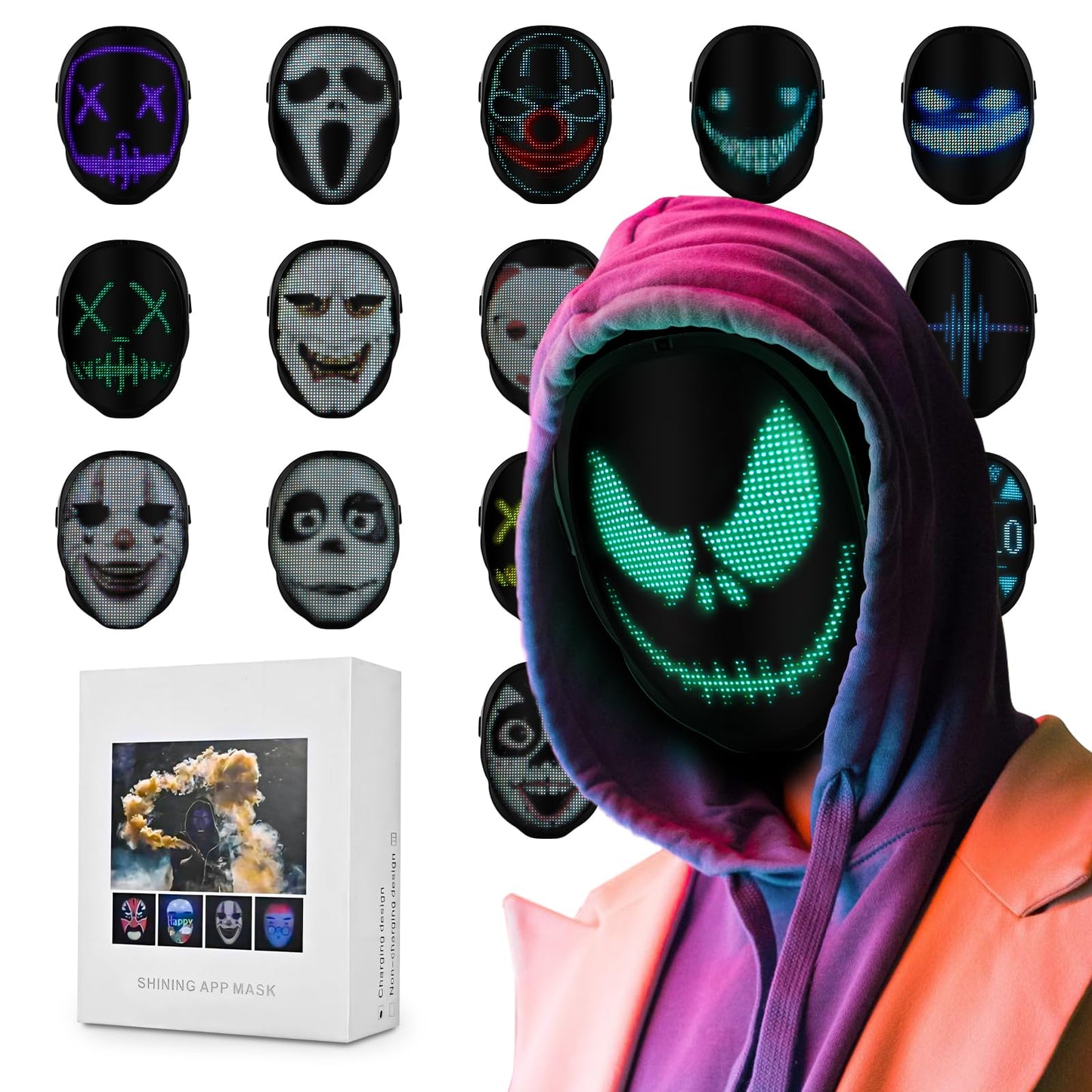 Ouvibyaz LED Mask with Bluetooth Programmable App,Gesture Sensing,Audio Interaction,USB Rechargeable Glowing LED Mask for Adults and Kids Halloween Mask