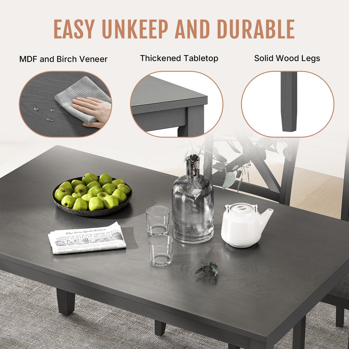 Zevemomo 6-Piece Wooden Dining Table Set, Dining Table Set for 6, Including 1 Dining Table, 4 Upholstered Chairs and 1 Bench, Wooden Legs Dining Table, Table Set for Dining Room, Grey