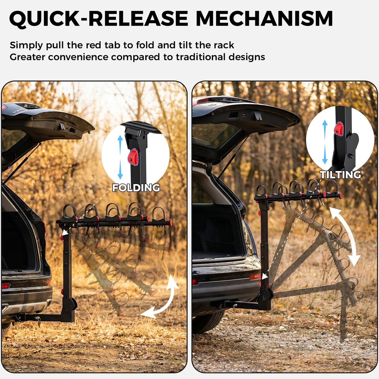 Koarigo Bike Rack for Car, Bike Rack Hitch Mount with 2'' Hitch Receiver, Bike Racks for SUV Truck Minivans with Dual Lock, 165 LBS Capacity for 2/3/4 Bikes, Tiltable & Foldable, Easy Assembly, Black