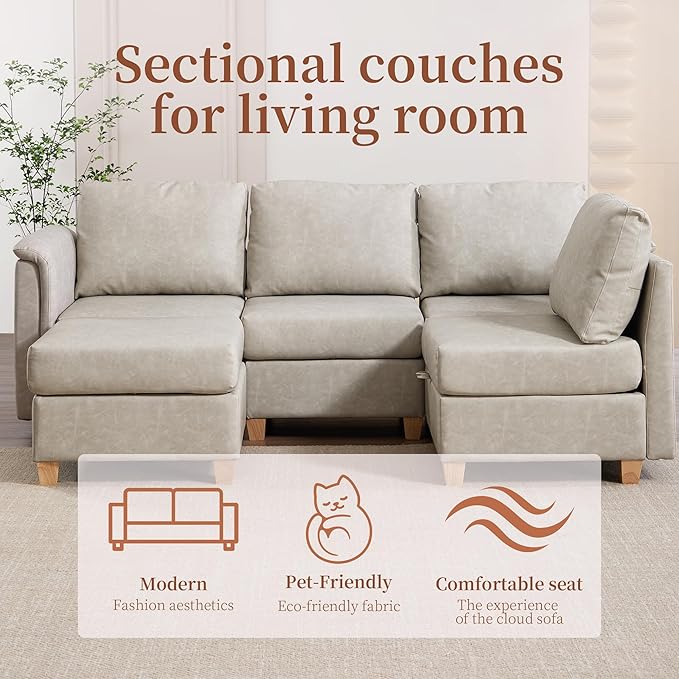 Modular Sectional Sofa,Modern L Shaped Sectional Couches for Living Room,5 Seat PU Leather Deep Seat Sectional Cloud Couch with Storage/Ottoman,Beige