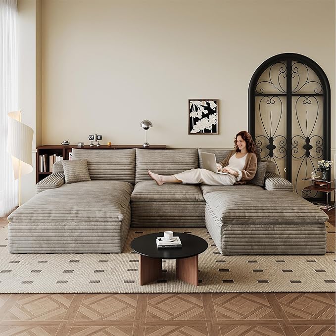 107" Cloud Sectional Couch U-Shaped Chaise with Ottoman, Corduroy Boneless Couch for Living Room Bedroom, Deep-Seat Upholstered Modular Cloud Sofa, No Assembly Required (Camel, Left Facing Chaise)