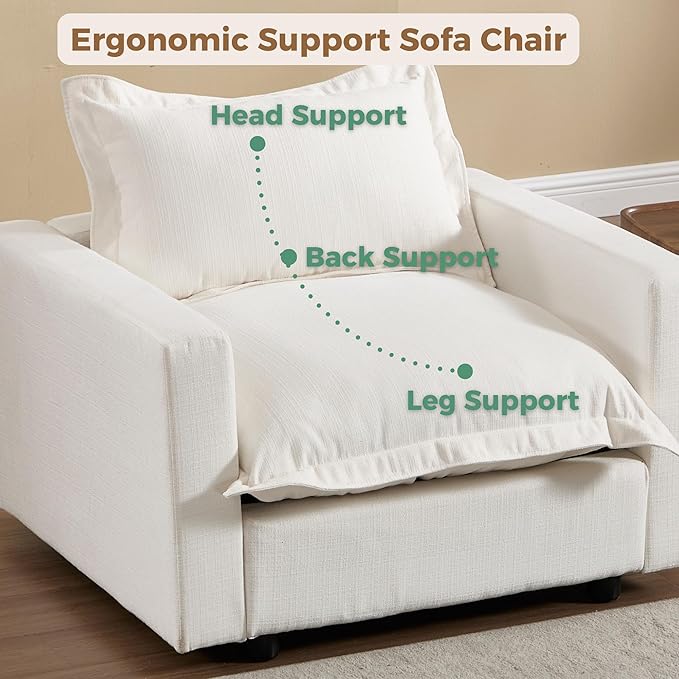 chairus 39.5" Chaise Lounge Chair Indoor with Ottoman, Upholstered Single Sofa Couch Chair Oversized Linen Reading Armchair for Living Room, Bedroom, Reception Room, Apartment, White