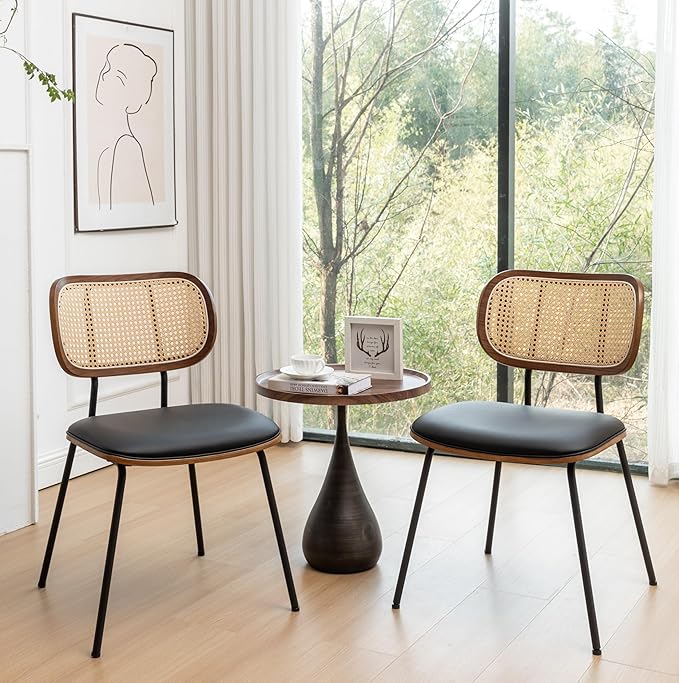 HOCEWI Rattan Dining Chairs Set of 2, Mid Century Modern Dining Chairs with Cane Back for Kitchen Dining Room, 19 Inch Faux Leather Black