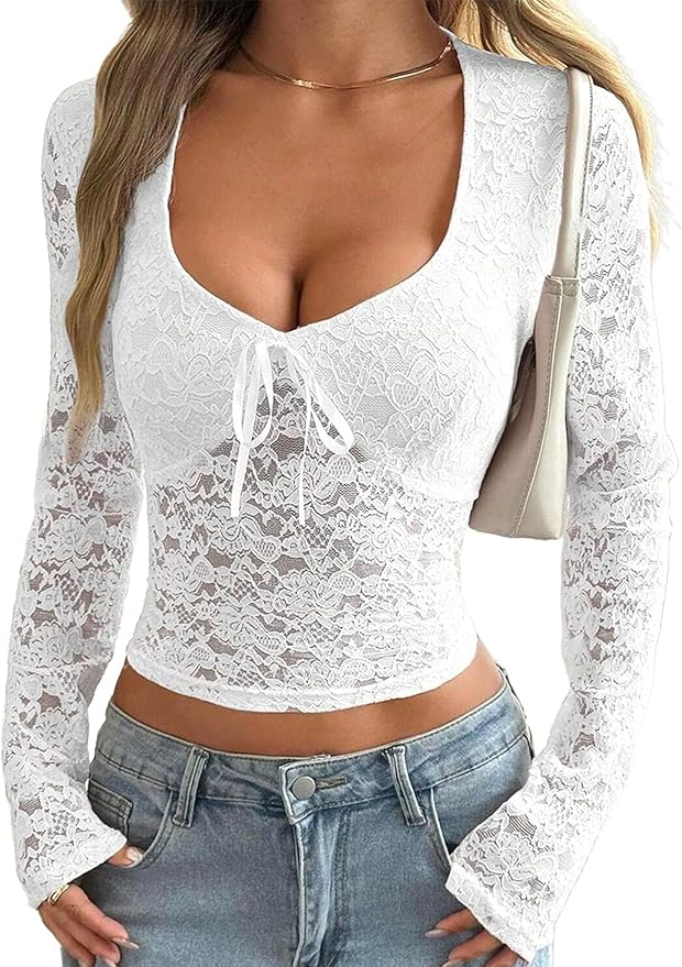 Matunana Womens Long Sleeve Going Out Tops Lace V Neck Mesh Crop Shirts Sexy Cute Y2K Fall Trendy Outfits 2025