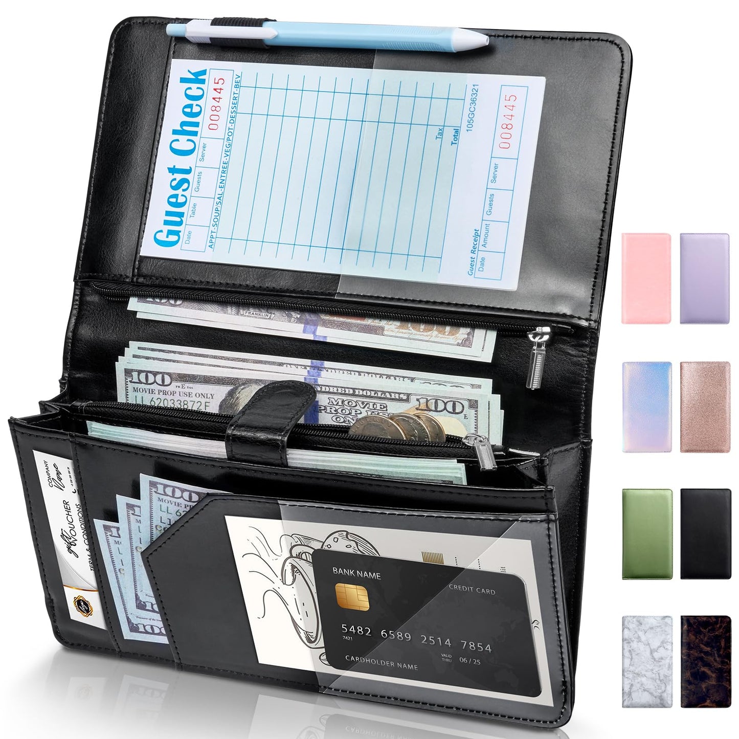 Forvencer Server Book High Volume, Expandable Waitress Book with 2 Zipper & Magnetic Pocket,5"×9", Server Books for Waitresses, Waitress Accessories, Fits Restaurant Check, Waitress Apron (Black)