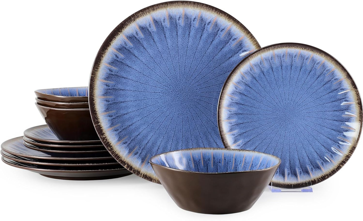 Melamine Dinnerware Sets 12 Pcs, Plates and Bowls Sets, Melamine Plates, Outdoor Dishes Sets, Unbreakable Dinnerware, Serving Dishes for Entertaining, Dishwasher Safe, BPA Free (Classic Blue)