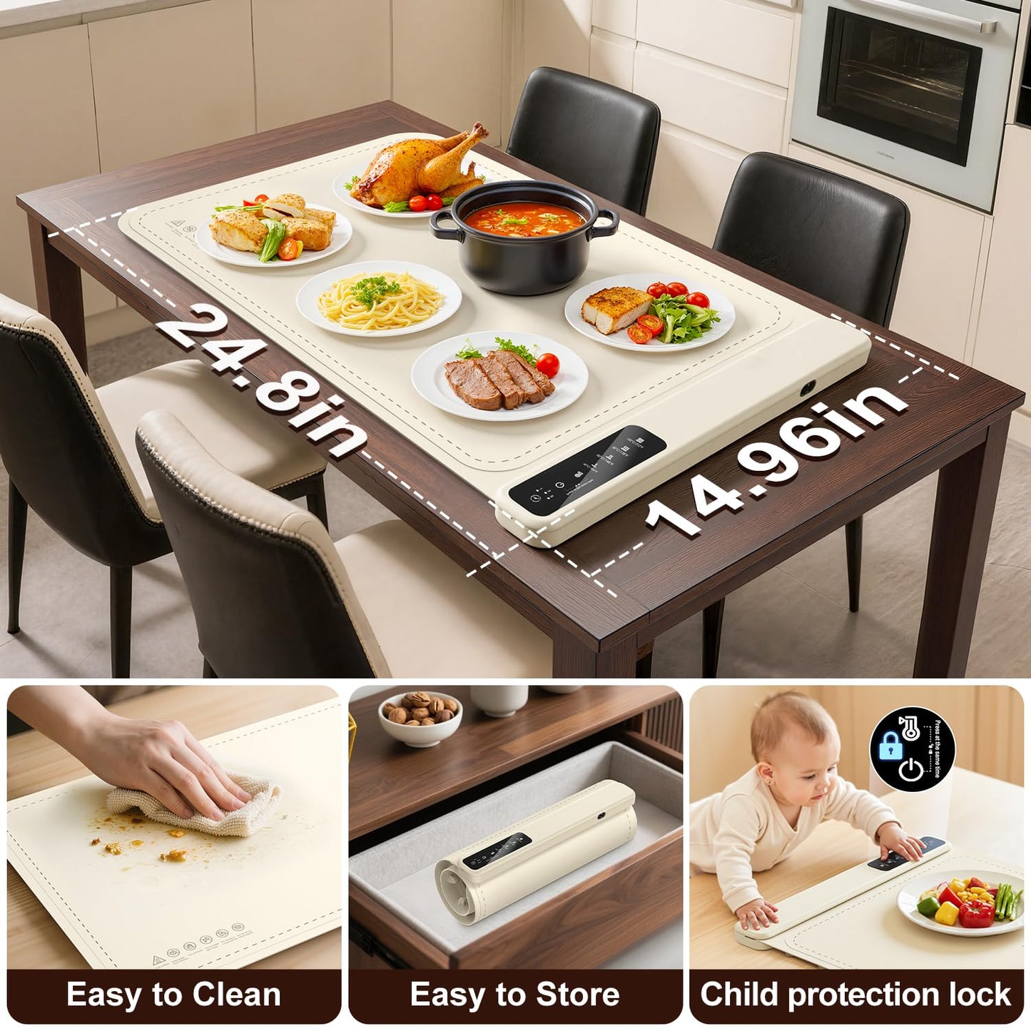 Warming Mat for Food – Electric Warming Tray with 4 Temp Settings & Timer, Portable Rollable Food Warming Mat for Countertop – Ideal Food Warmer for Buffets, Parties, Family Gatherings Use