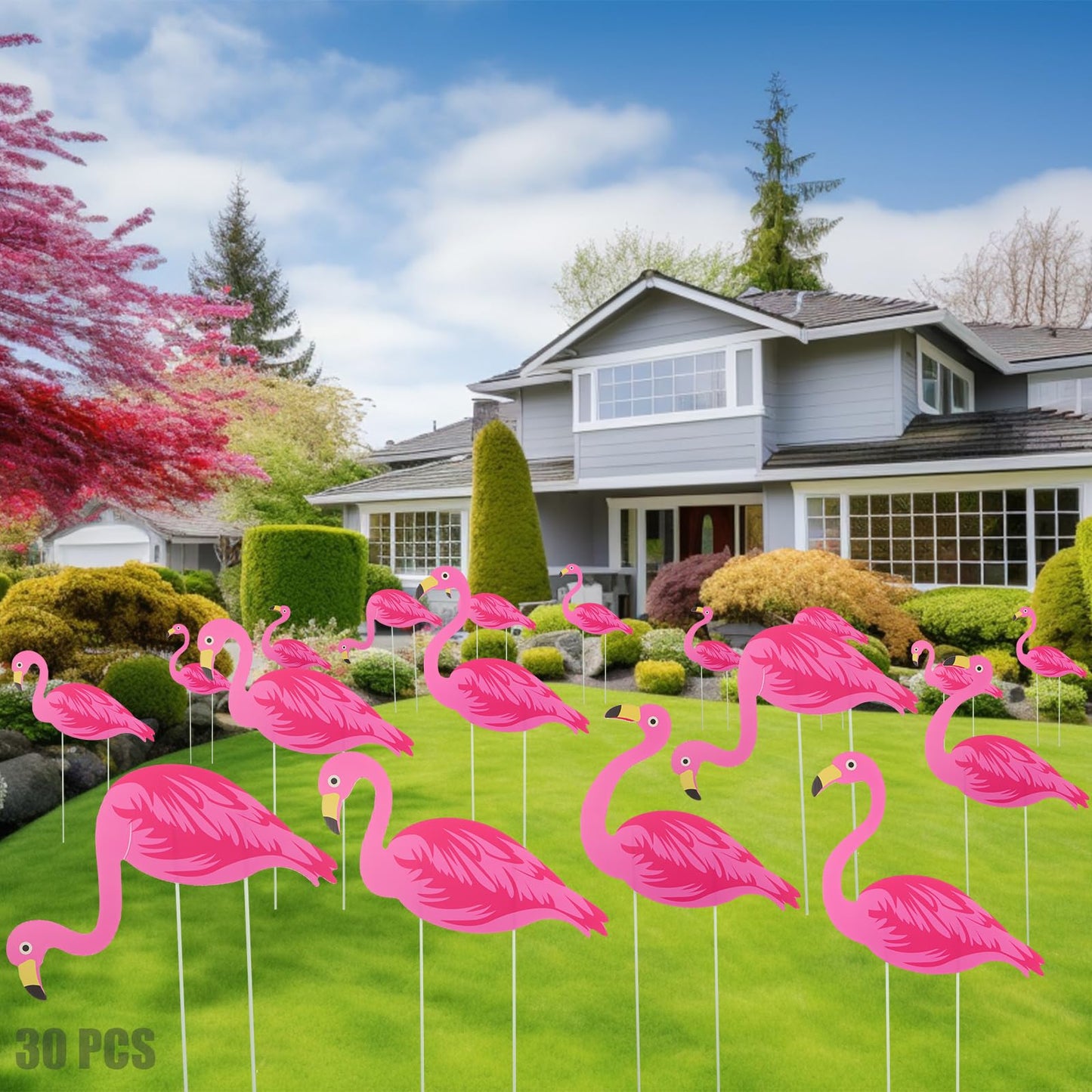 Yuntau 30 Pcs Summer Beach Pink Flamingo Yard Signs with 60 Stakes 4 Styles Flamingo Lawn Signs for Indoor Outdoor Home Decorations Tropical Yard Lawn Patio Accessories Party Supplies