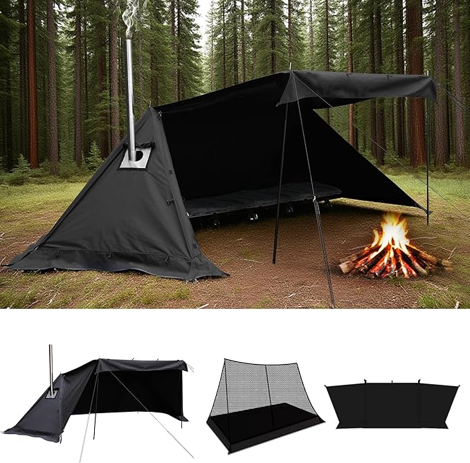 Hot Tent for 1-2 Person, PU3000mm Waterproof, Aluminum Poles for Winter Camping with Stove Jack (Fire-Resistant), Ventilat...