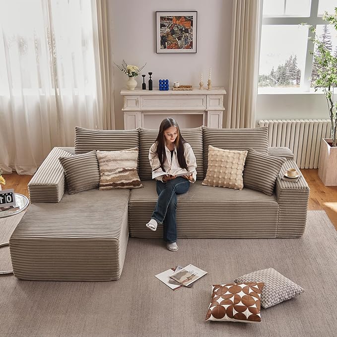 96" Cloud Sectional Couch with L-Shape Chaise, Modern Corduroy Boneless Couch for Living Room,Memory Foam Sofa with Deep Seat,No Assembly Required (Camel,Left-Facing Chaise)