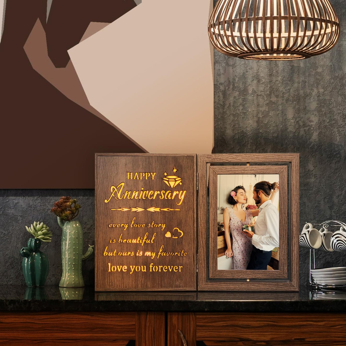 EYITUPC Light Up Anniversary Picture Frame Gifts for Women Men, Vintage Brown Rotating Wooden Glowing Photo Frame, Wedding Anniversary Frame Gifts for Her Him Wife Husband Couple - Holds 2 4x6 Photos
