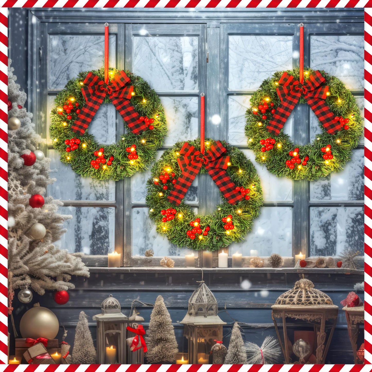 Cinnvoice Christmas Wreath Set of 3 Artificial Wreath Fence Wreath with Solar Lighted String Berry and Pine Needles Christmas Outdoor Decoration for Xmas Winter Decor Yard Stairs