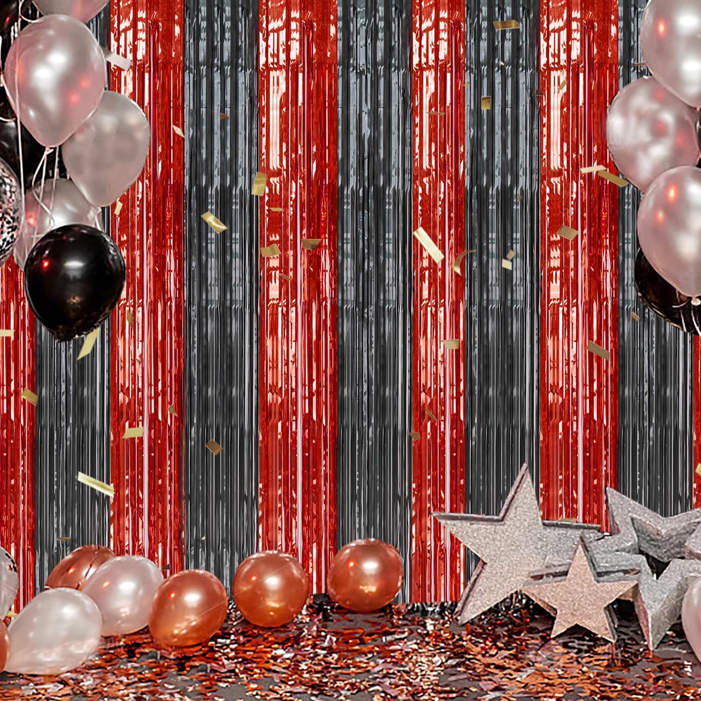 DECOCKRAT 2 Pack Foil Fringe Backdrop - Red&Black Shiny Tinsel Curtains for Party Decoration/Photo Booth Props - 3.3x6.6 FT Metallic Foil Backdrop for Birthday, Wedding, Graduation, Christmas.