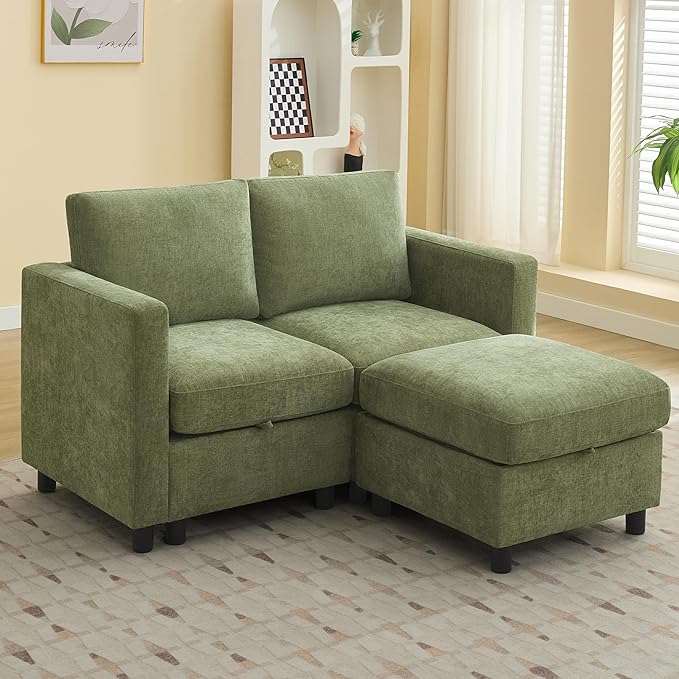 WUTUTUEE 58”Modular Sectional Loveseat Sofa with Storage, Comfy Office L Shaped Sofa Couch, Chenille Love Seat Modular Sectional Couch with Movable Ottoman for Living Room, Bedroom, Green