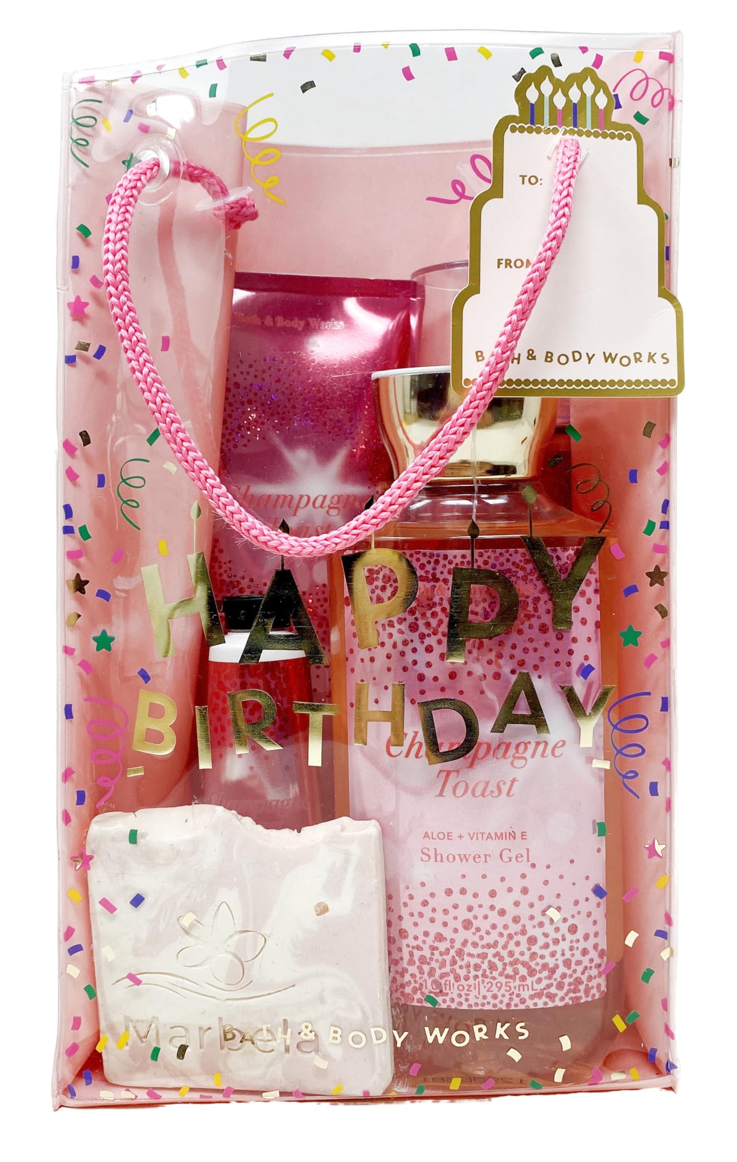 Bath & Body Works Champagne Toast - Gift Bag Set - Fine Fragrance Mist, Body Cream, Shower Gel and Hand Cream With a Himalayan Salts Springs Sample Soap.