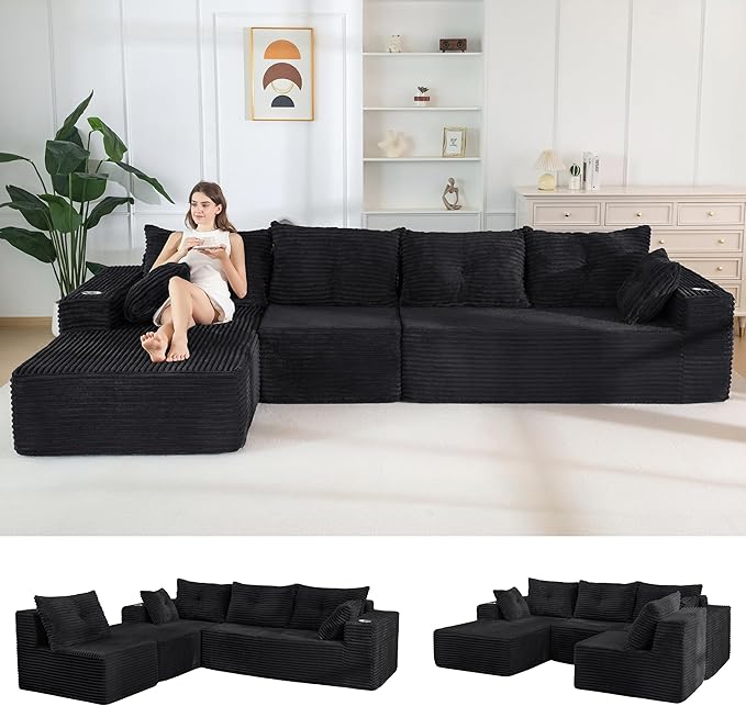 MAXYOYO 132" Oversize Modular Sectional Couch with L-Shape Chaise, Modern Boneless Couch for Living Room, Sofa in A Box, Oversized Sofa Sleeper with Deep Seat, No Assembly Required, Black